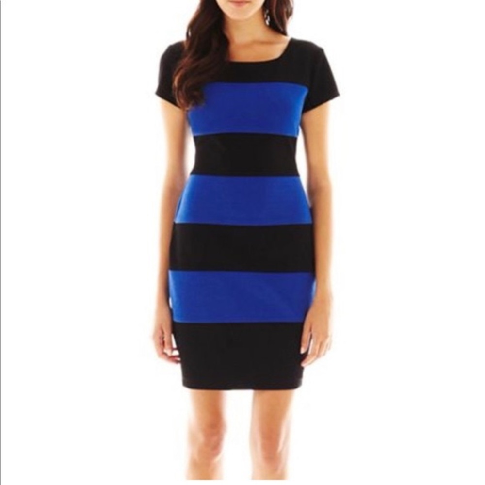 BISOU BISOU‎ Blue & Black Colorblock Striped Dress Lined Office Classic Size 10